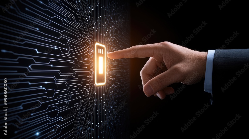 Aufkleber a businessman is engaging with a virtual screen showcasing a security shield and crossed-out icons, 