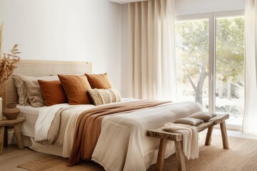 Fototapeta premium Bright, modern bedroom with natural elements, soft textiles, large windows, Minimalism, Warm tones, Interior design, Calm and inviting