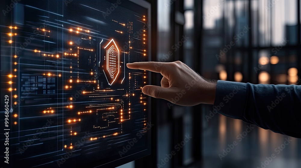 Aufkleber a businessman is engaging with a virtual screen showcasing a security shield and crossed-out icons, 