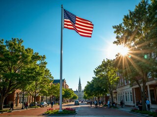 An American flag waves proudly atop a flagpole on a sunny day in a charming small town's main street, embodying patriotism, community spirit, and American pride.