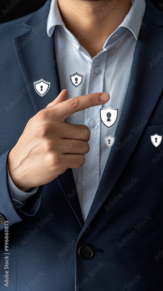 Aufkleber a businessman is engaging with a virtual screen showcasing a security shield and crossed-out icons, 