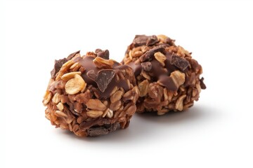 Obraz premium Two oat energy balls with chocolate chips and cocoa drizzle, placed on a clean white surface