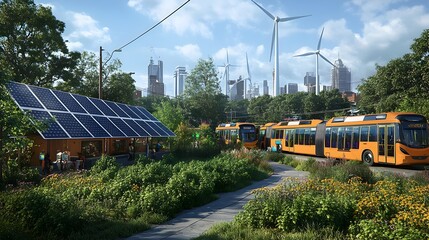 Naklejka premium Renewable Energy Initiatives Powering Sustainable Urban Revitalization and Community Empowerment Solar Powered Community Centers Wind Farms Electric Autonomous Buses