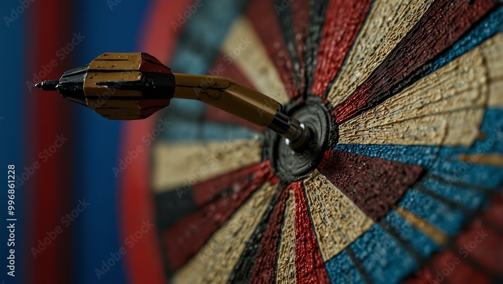 Poster close-up of a dart pinned to a target on a blue and red background.