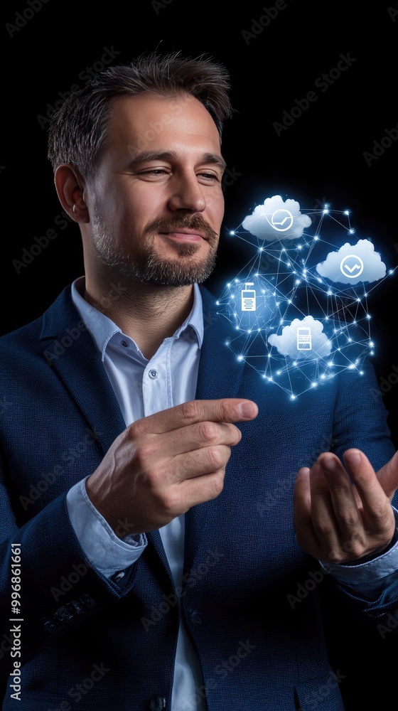 Aufkleber a businessman is engaging with a virtual screen showcasing a security shield and crossed-out icons, 
