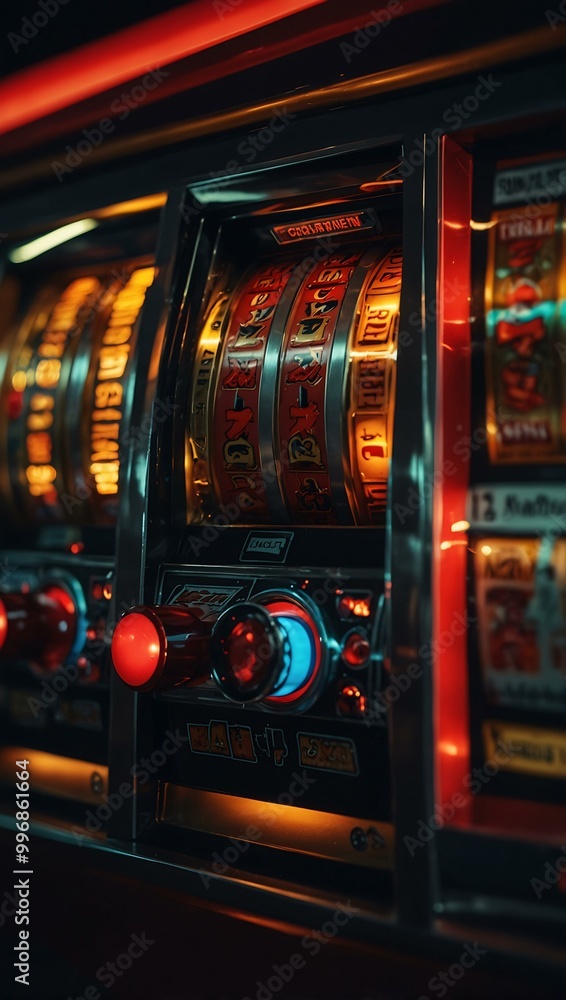 Poster close-up of a glowing slot machine with a red display.