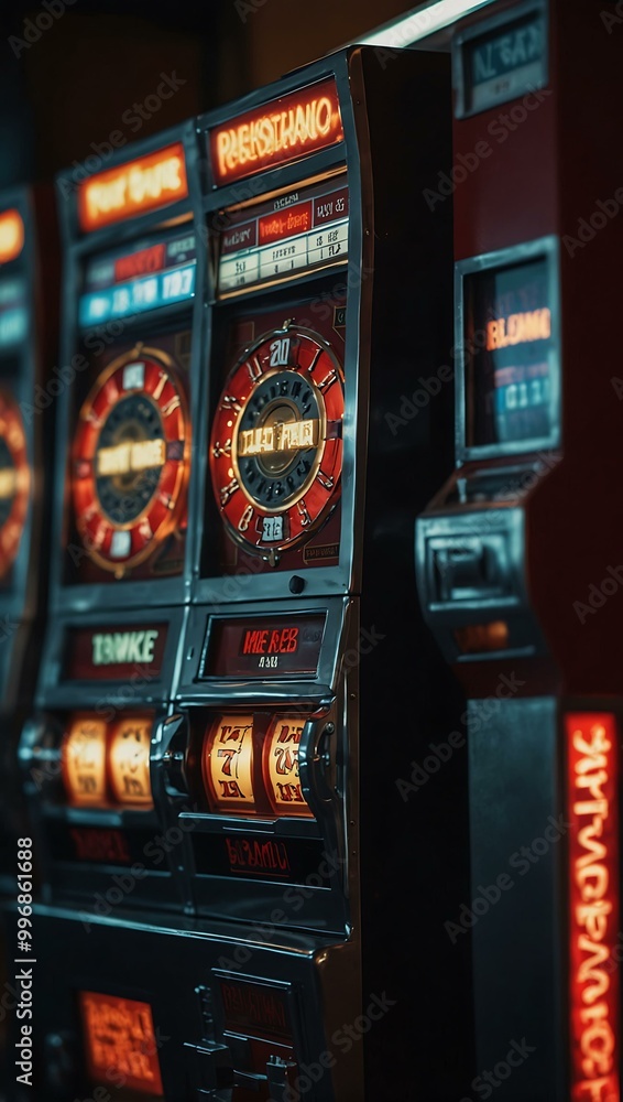 Poster close-up of a glowing slot machine with a red display.