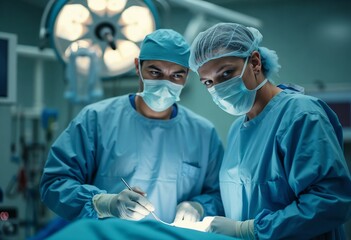 Two surgeons in full sterile gear are performing an operation in a modern operating theater, with surgical lights illuminating the scene, showcasing precision and teamwork.