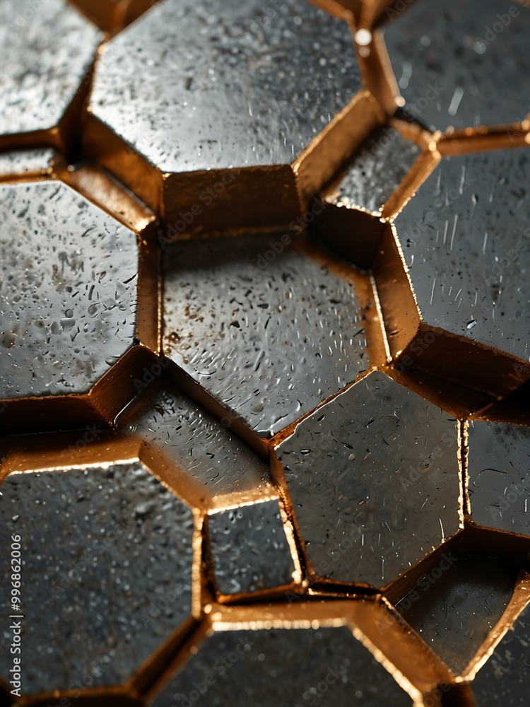 Poster close-up of a hexagonal metallic surface, showing grime and texture.