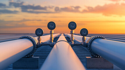 Pipelines with pressure gauges at sunset, showcasing engineering design