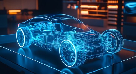 Naklejka premium A holographic representation of an electric vehicle's battery and motor, with visible wires connecting to the car body, set against a backdrop of blue neon lights.