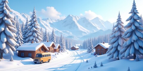 Fototapeta premium A picturesque winter landscape featuring snow-covered mountains, cozy wooden cabins, and a serene blue sky, perfect for travel, holiday themes, or seasonal marketing.