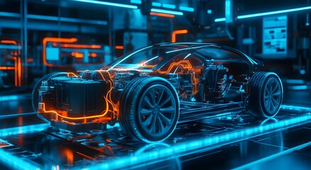 Fototapeta premium A holographic representation of an electric vehicle's battery and motor, with visible wires connecting to the car body, set against a backdrop of blue neon lights.