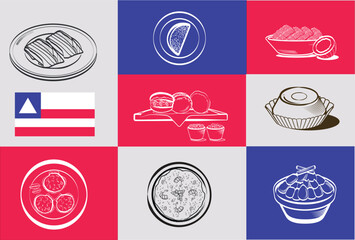 Vector set of typical foods with lines from the state of Bahia, Brazil. This vector set includes acaraj&eacute;, abar&aacute;, crab shell, shrimp bobo, tapioca, quindim, coco and mungunza.