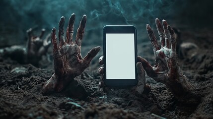 Zombie hands rising from the ground, one holding a smartphone with realistic photo with blank screen, scary view
