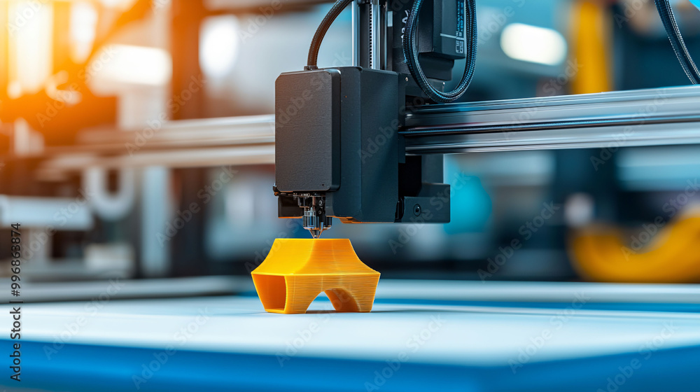 Poster 3D printer creating orange object in modern factory setting