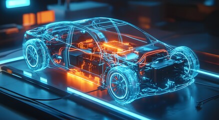 A holographic representation of an electric vehicle's battery and motor, with visible wires connecting to the car body, set against a backdrop of blue neon lights.