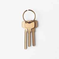A set of brass keys on a simple ring, displayed against a plain white background