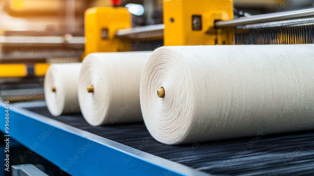 Poster automated weaving machines creating textiles in factory setting