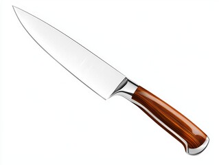 A shiny chrome kitchen knife with a wooden handle, isolated on white