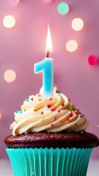 Birthday cupcake with lit birthday candle Number one for one year or first anniversary.