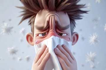 Sick man sneezing into white handkerchief, funny character. Cold, flu or seasonal allergies