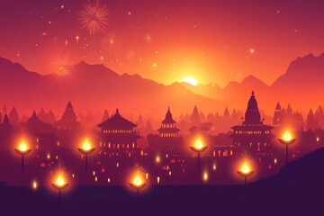 Obraz premium Diwali festival of light. Mountain silhouettes, Indian night landscape