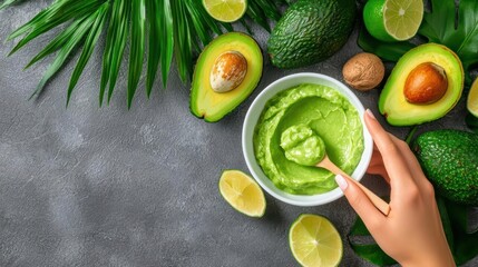 Fresh avocado face mask being applied to skin, surrounded by nat
