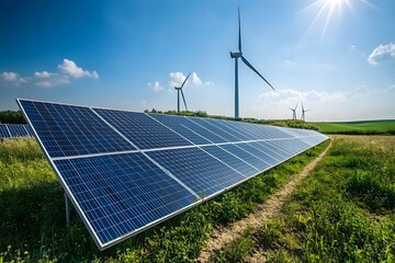 Close-up of solar panels in a field with wind turbines in the background, a sustainable energy concept