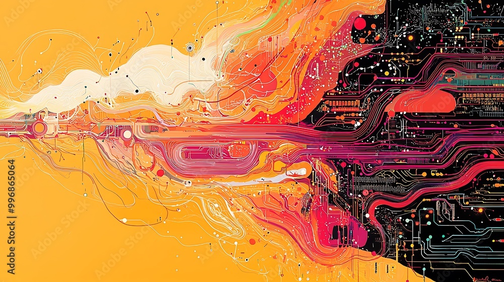 Poster an abstract circuit pulses with orange and red lines, a web of modern energy.