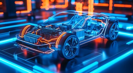 Naklejka premium A holographic representation of an electric vehicle's battery and motor, with visible wires connecting to the car body, set against a backdrop of blue neon lights.