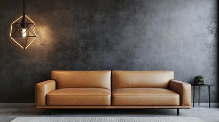 Sleek and minimalist urban living space with clean lined leather sofa statement geometric light fixture and industrial inspired accents