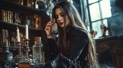 
Fantasy witch wizard using enchanting magical potion potion bottle for love spell, witchcraft and divination.