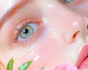 Close-up of glowing skin, pink flower accents