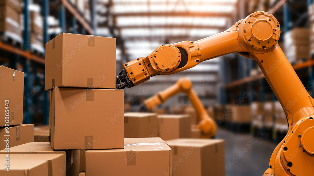 Poster efficient industrial robots stacking boxes in warehouse setting