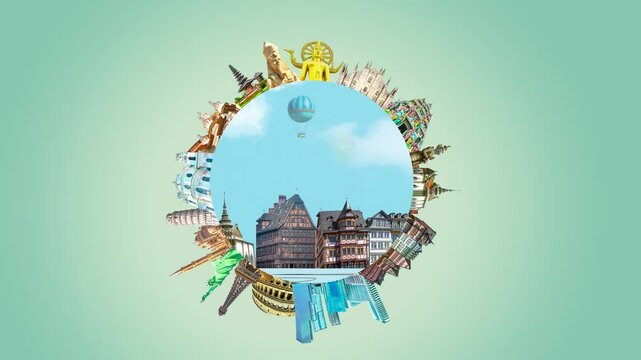 2D animation about world religious and architecture monuments - collage or globe from different religions from Asia and Europe. Travel and tourism with famous world landmarks.
