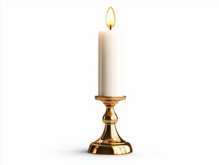 A vintage brass candlestick with a lit candle, isolated on a clean white background