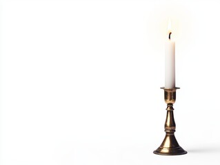 A vintage brass candlestick with a lit candle, isolated on a clean white background