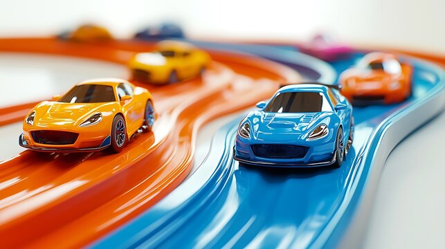 Tiny toy cars race in a blur of blue and orange, charging down the track.