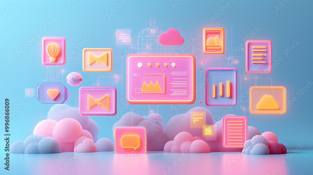 Poster neon icons glow amidst a network of cloud computing data, a futuristic vision in lights.