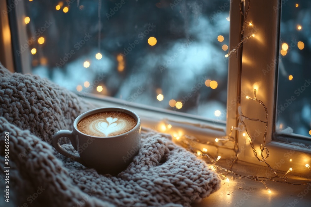 Poster Cozy Winter Windowsill with Coffee and Fairy Lights