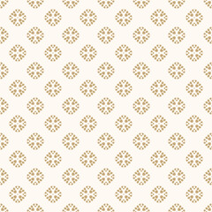 Simple minimal golden seamless pattern. Abstract floral geometric texture. Gold and white ornament with small flower silhouettes, leaves, curved shapes, circles, dots. Minimalist repeated background