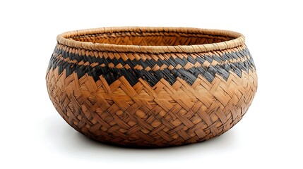 A rustic bamboo basket, woven in brown and black, stands isolated, reflecting natural craftsmanship.