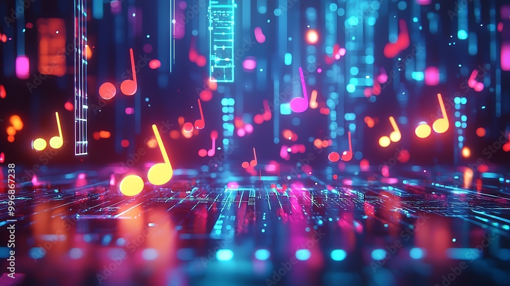 Poster neon music notes float across an abstract background, pulsing with rhythm and light.