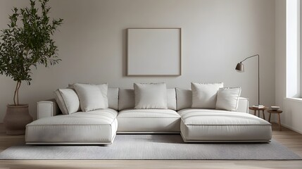 Sophisticated and comfortable contemporary living room with a spacious L shaped sectional sofa tasteful minimalist furnishings and a Scandinavian design aesthetic that lends a calming