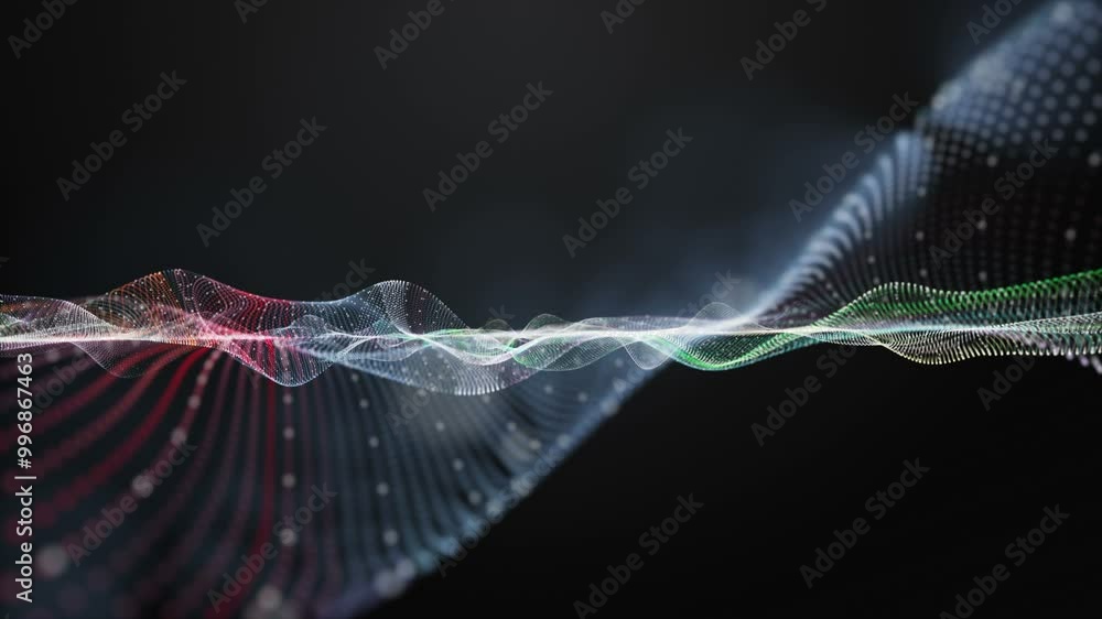 Poster futuristic video animation with particle wave object in slow motion, 4096x2304 loop 4k