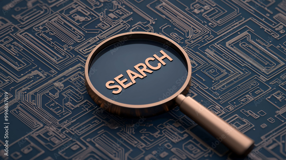Aufkleber high tech search interface with magnifying glass on circuit board