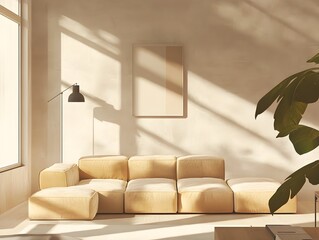 Sophisticated and elegant contemporary living area showcasing a plush modular sofa and a refined minimalist aesthetic the warm color hues adding depth and visual appeal detailed lighting