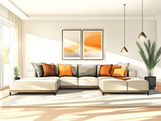 Sophisticated and elegant contemporary living room featuring a spacious modular sofa and a curated collection of modern decor
