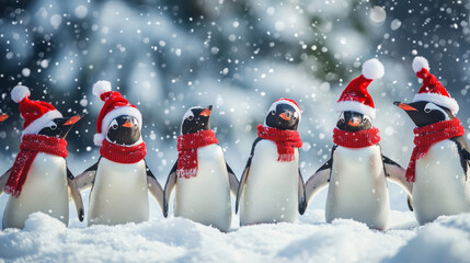 Group of adorable penguins in Christmas hats and scarves standing in snow, winter holiday concept